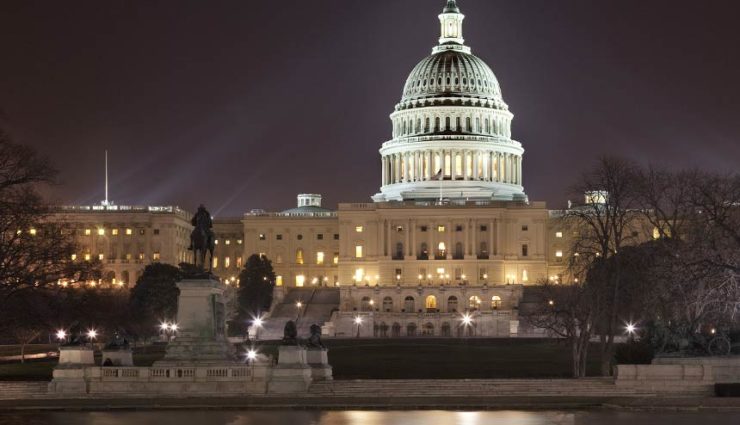 View of Capitol building in Washington DC at night