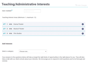 Teaching and admin interest screenshot