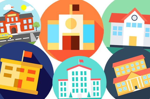 Colorful circles with clip art sifferent school houses