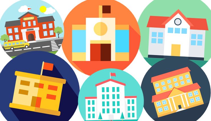 Colorful circles with clip art sifferent school houses