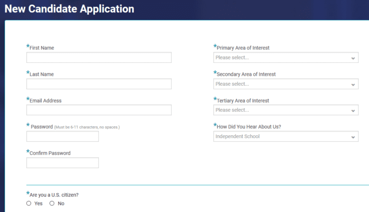 Screenshot of candidate application