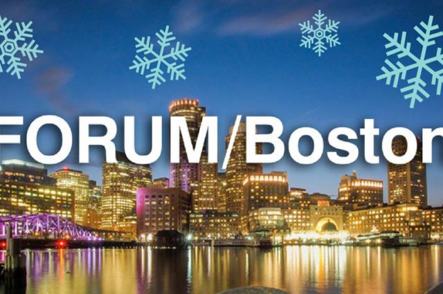Boston skyline at night with forum logo and clip art snowflakes