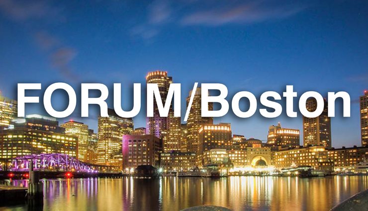 Boston night skyline with Forum logo
