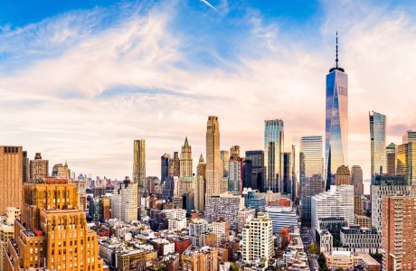 New York City skyline at sunset