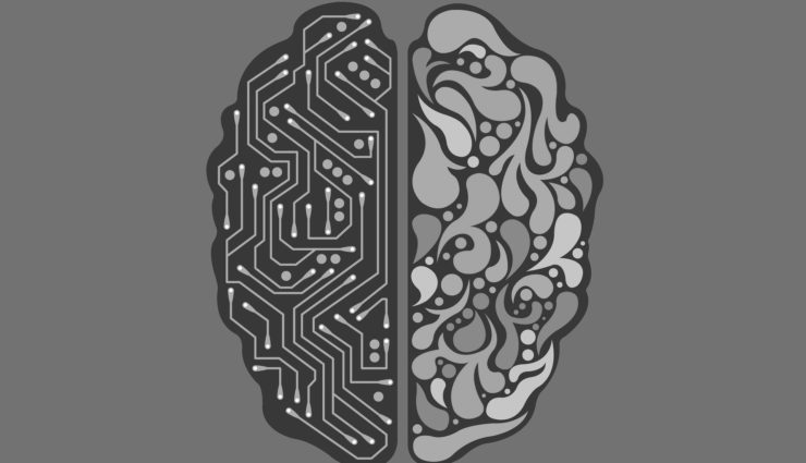 drawing of a brain, half looks like a computer chip