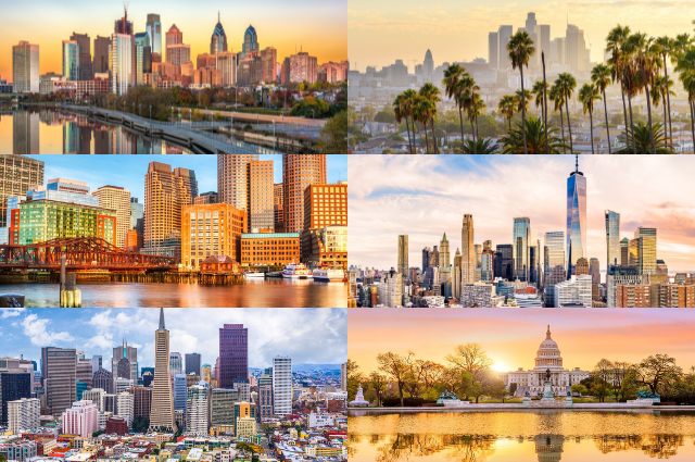 grid of six images of photos of Boston, Philadelphia, New York City, Los Angeles, San Francisco, and Washington, D.C.