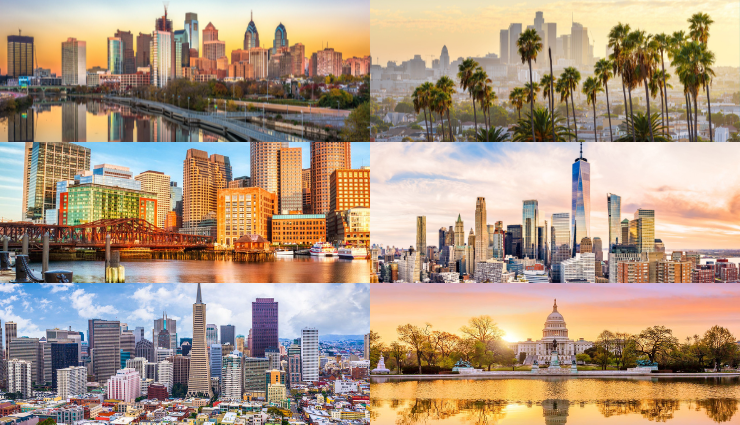 grid of six images of photos of Boston, Philadelphia, New York City, Los Angeles, San Francisco, and Washington, D.C.