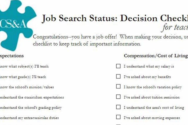 Carney Sandoe black and white checklist for making a job search decision