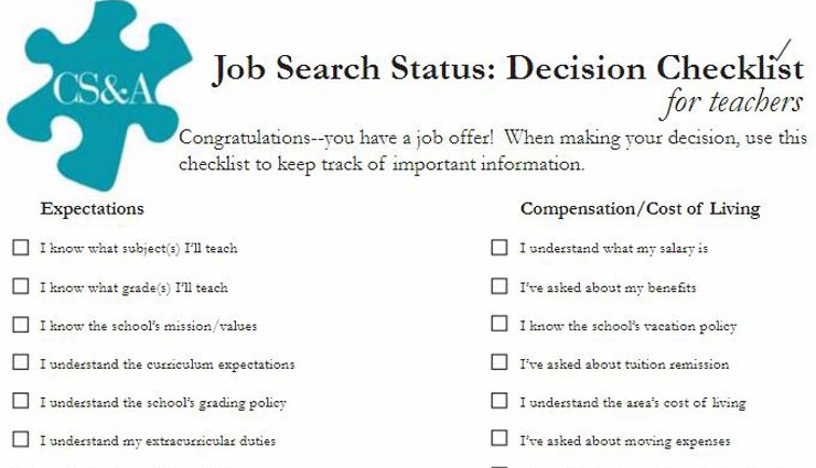 Carney Sandoe black and white checklist for making a job search decision