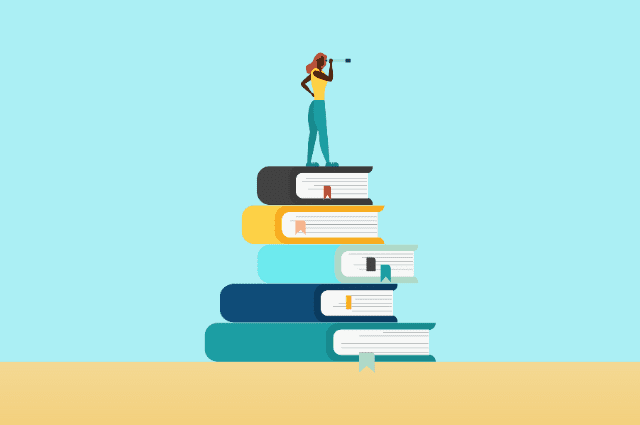 illustration of woman with telescope standing on a pile of books
