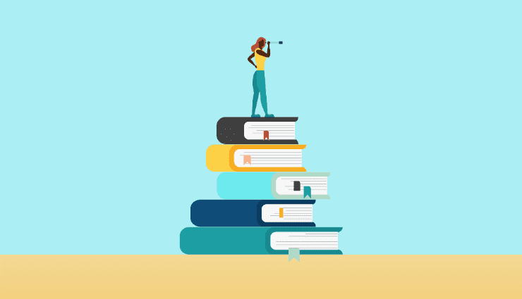 illustration of woman with telescope standing on a pile of books