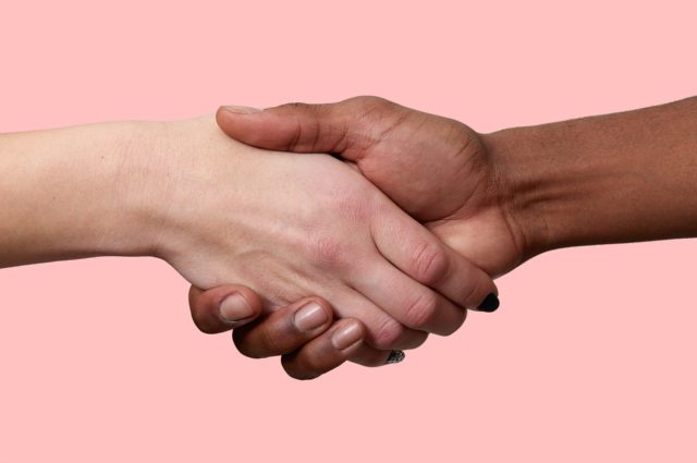 Horizontal shot of handshake between African American man and Caucasian woman pose over pink background, greet each other