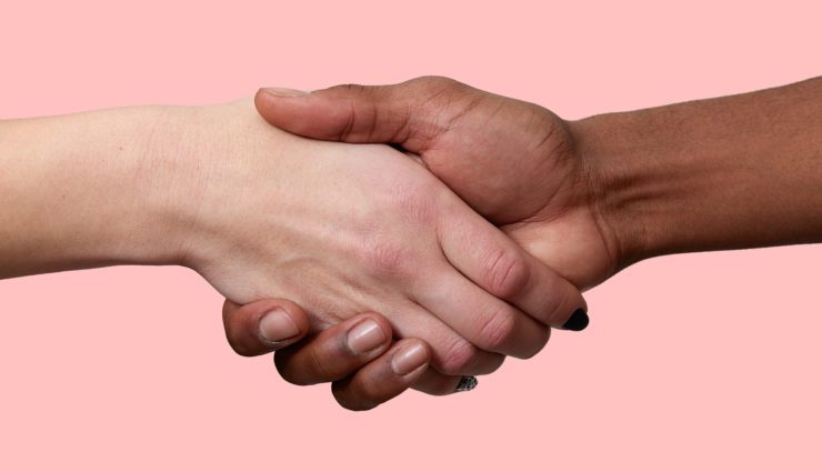 Horizontal shot of handshake between African American man and Caucasian woman pose over pink background, greet each other