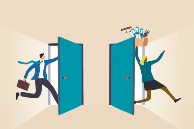 illustration of one man running out a door and a woman running out of another door