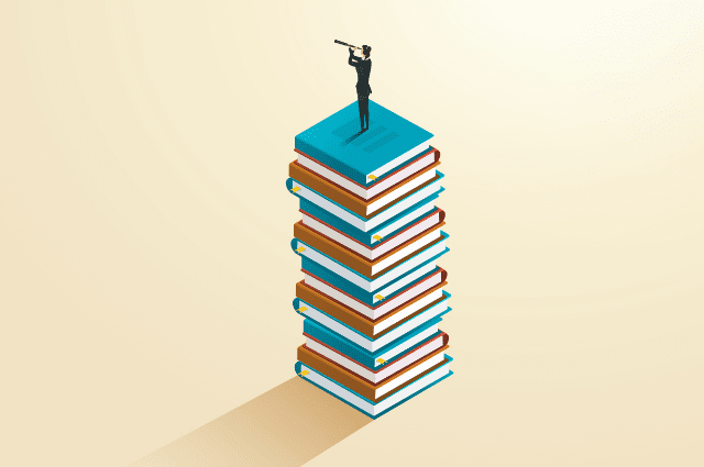 Illustration of person standing on a large stack of books looking out through a handheld telescope