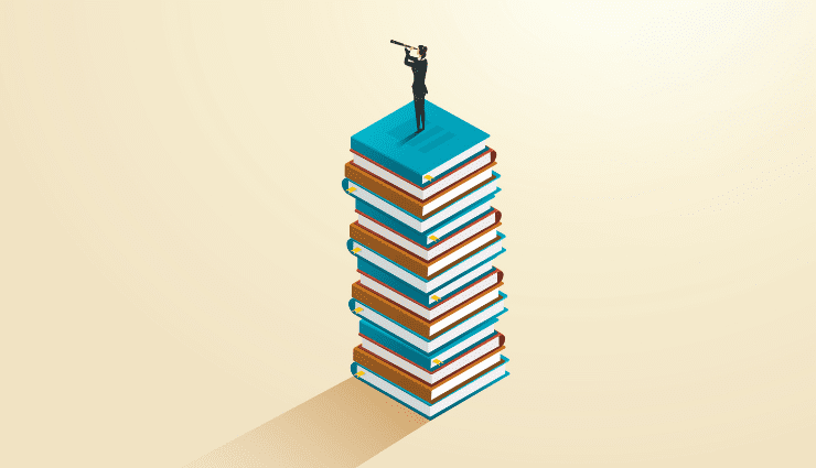 Illustration of person standing on a large stack of books looking out through a handheld telescope