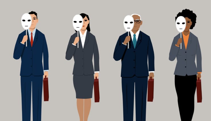Four business professionals of difference races with masks covering part of their faces