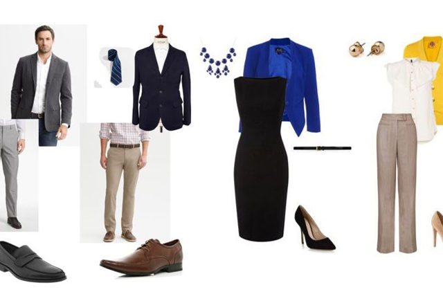 four examples of professional business attire for men and women