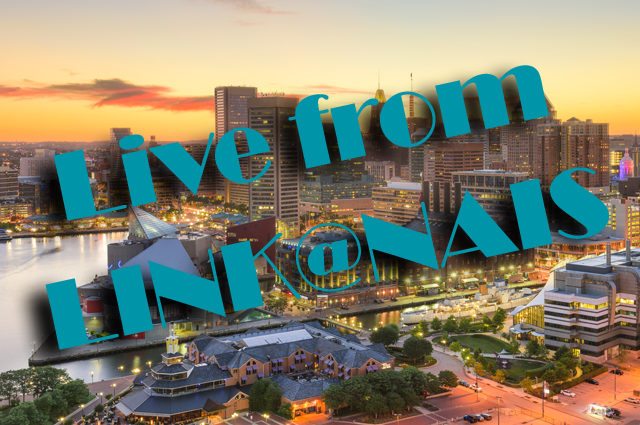 Baltimore downtown cityscape at dusk with LINK logo