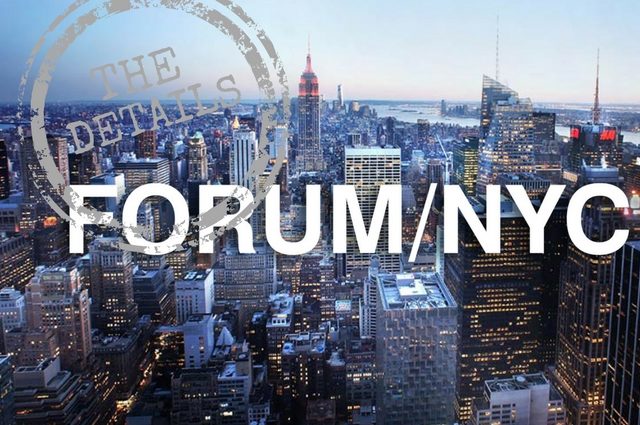 Manhattan skycrapers with Forum NYC logo and the details