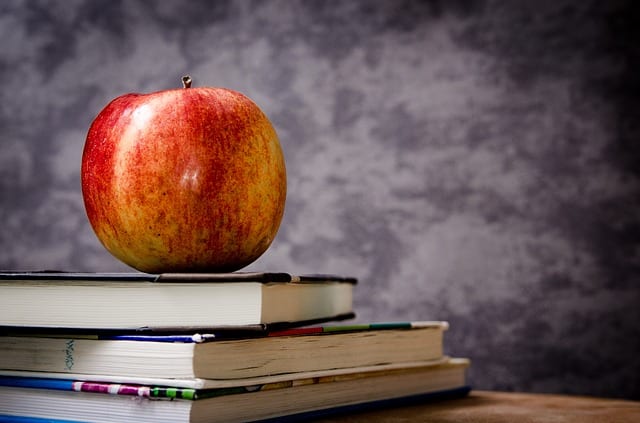 red-yellow apple sits on top of stack of textbooks