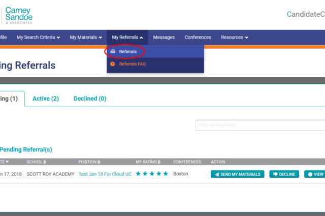View of Referrals in CandidateConnect