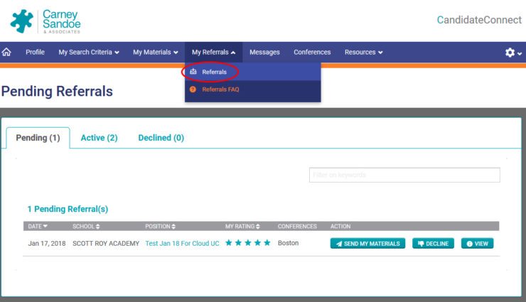 View of Referrals in CandidateConnect