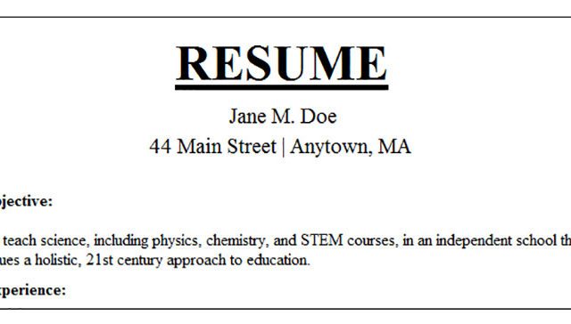 top of resume with objective and address