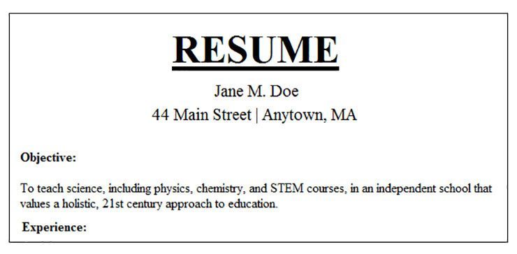 top of resume with objective and address