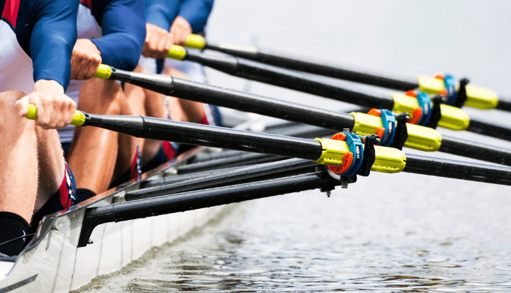 Closeup of rowers' arms using rowing oars