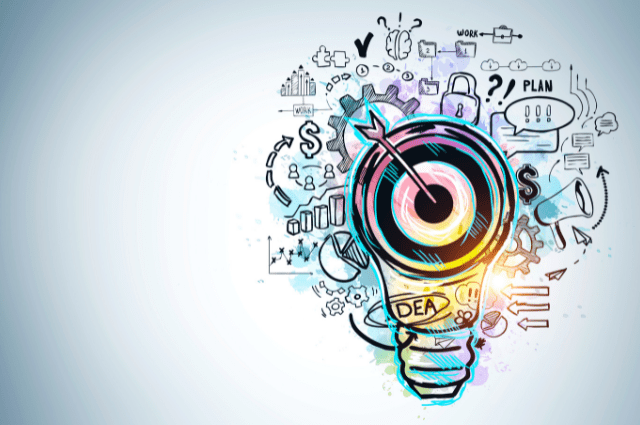 Illustration of a lightbulb with various graphics representing goals, ideas, business, etc.