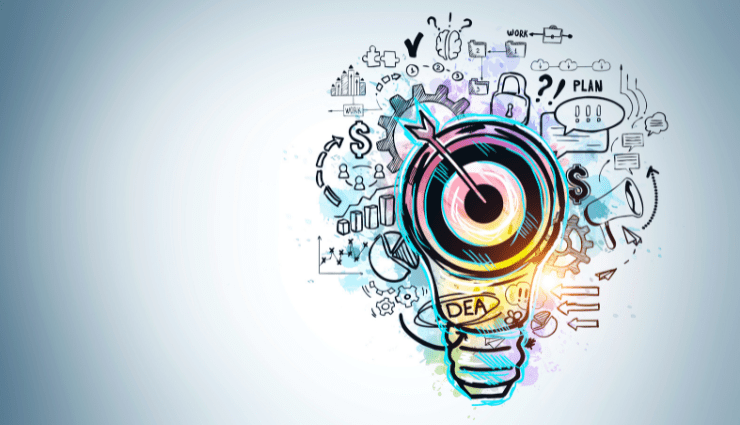 Illustration of a lightbulb with various graphics representing goals, ideas, business, etc.