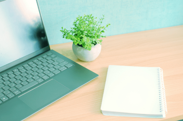 Image of an open laptop with a blank spiral notebook next to it and a small potted plant