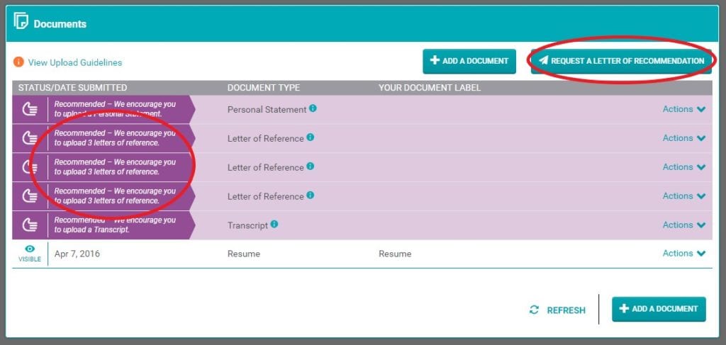 screenshot of documents area of CandidateConnect