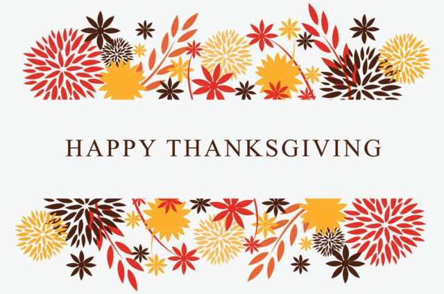 Fall themed graphic saying happy thanksgiving with leaves