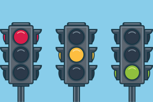 Illustration of three traffic lights, one red, one yellow, one green