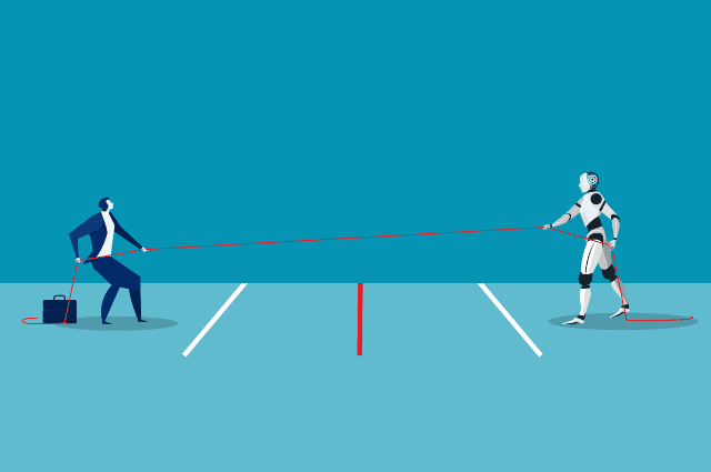 illustration of a business woman and an AI robot playing tug of war