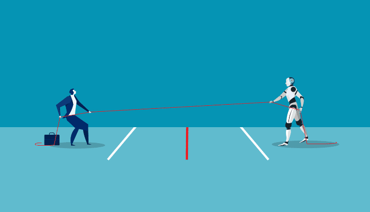 illustration of a business woman and an AI robot playing tug of war