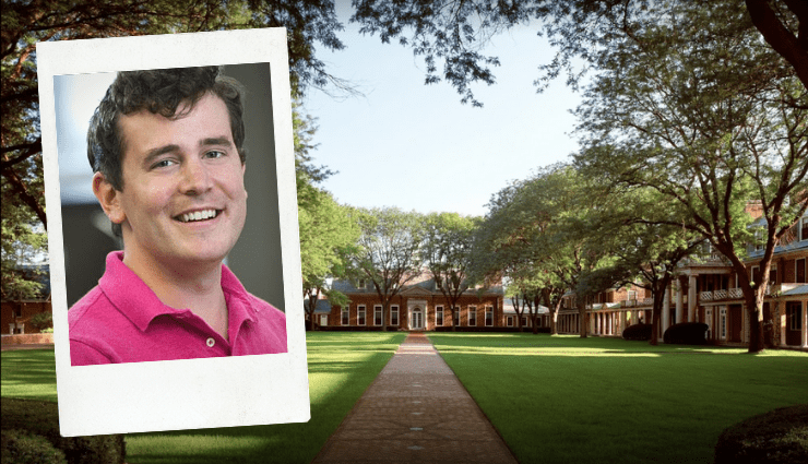 Liam Gluck headshot against photo of Loomis Chaffee School