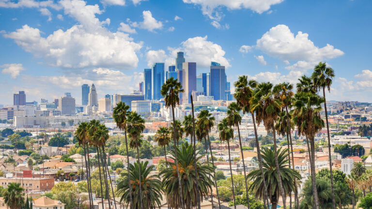 Los Angeles skyline with palm trees in the foreground under a partly cloudy blue sky.