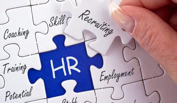 A blue puzzle piece labeled "HR" surrounded by white pieces with words like recruiting, skill, and employment.