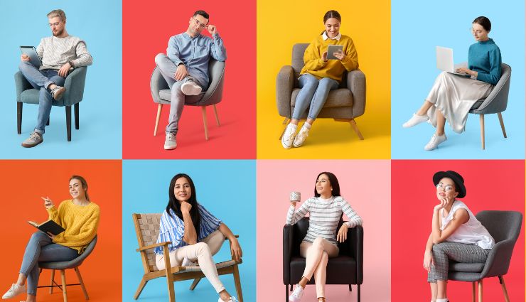 Collage of six people sitting in various chairs against colorful backgrounds, each person in a unique pose and outfit.