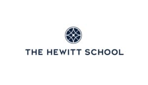 The Hewitt School logo featuring a circular geometric design above the school's name in bold blue text.