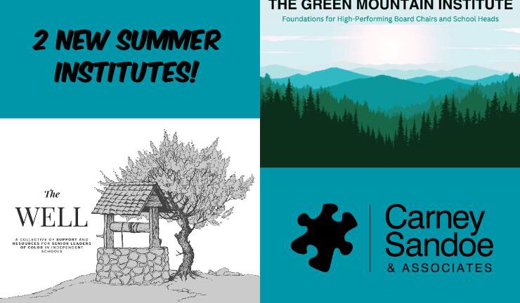 Collage of summer institutes announcement, featuring a well with a tree and a green mountain landscape.