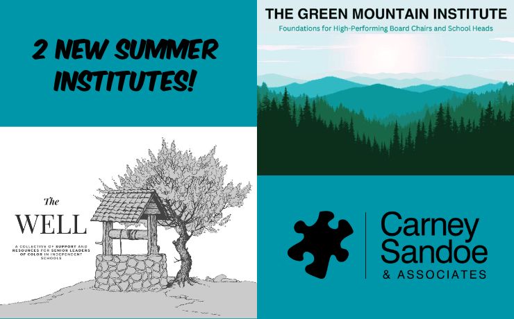 Collage of summer institutes announcement, featuring a well with a tree and a green mountain landscape.