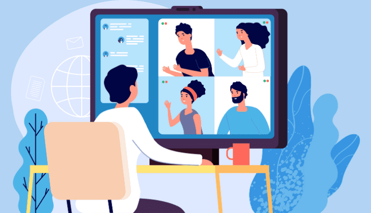 Illustration of a person having a video call on a computer with four other people.
