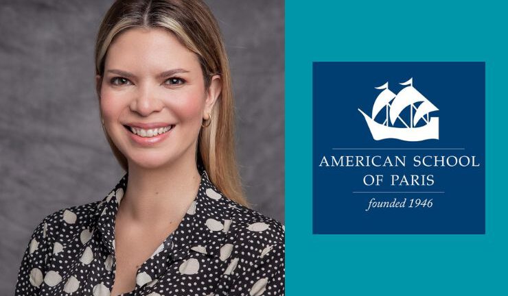 Smiling woman with long hair next to American Maritime Partnership logo on teal background.