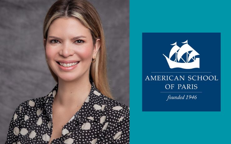 Smiling woman with long hair next to American Maritime Partnership logo on teal background.