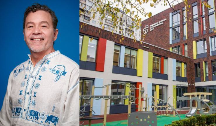 Smiling person in patterned top on left, colorful building exterior of Family Welcome Center on right under a tree branch