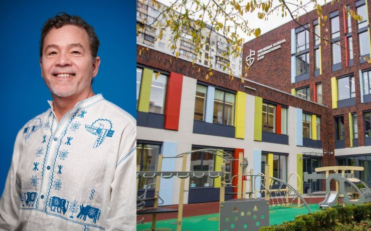 Smiling person in patterned top on left, colorful building exterior of Family Welcome Center on right under a tree branch